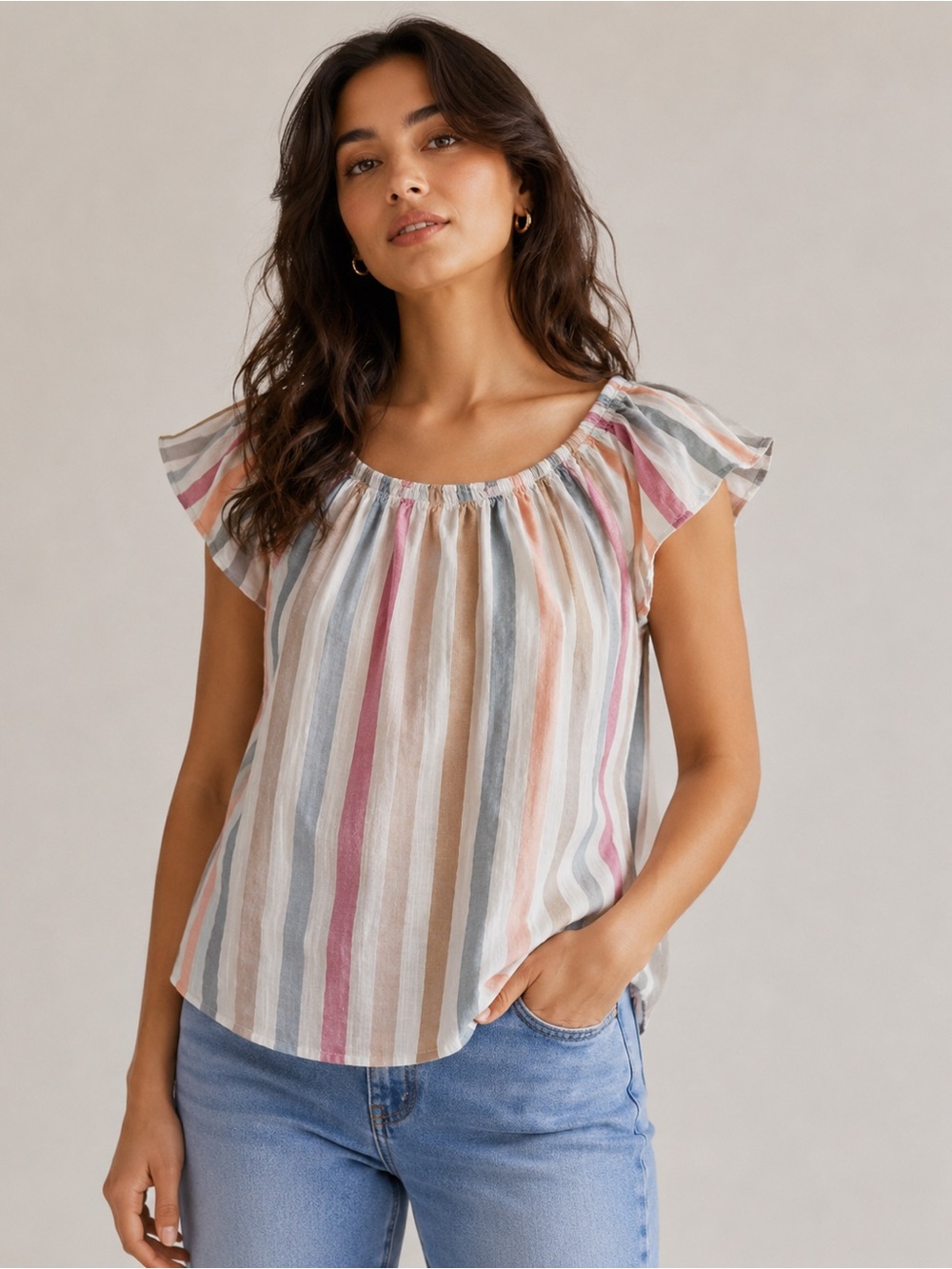 Gap Pastel Striped Flutter Sleeve Top Small Cotton Rayon‎ Boho